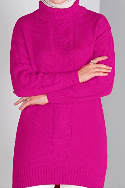 TRENDTESETTÜR Fuchsia Knitted Detailed Turtleneck Knitwear Tunic - Women's 43119