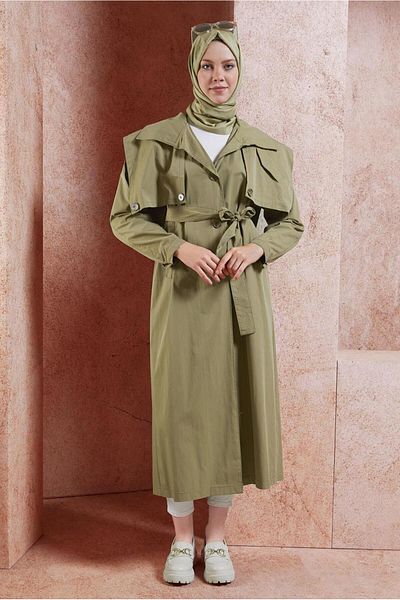 TRENDTESETTÜR Γυναικεία καμπαρντίνα Green Belted Cotton - T 3201