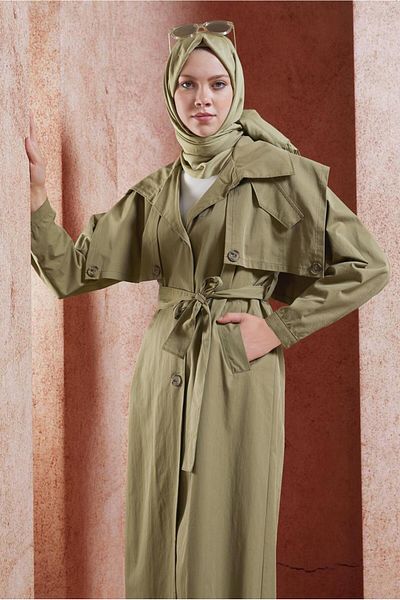 TRENDTESETTÜR Γυναικεία καμπαρντίνα Green Belted Cotton - T 3201