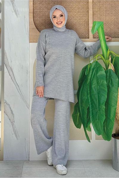 TRENDTESETTÜR Gray Stoned Women's Knitwear Trousers Set - t 5451-2