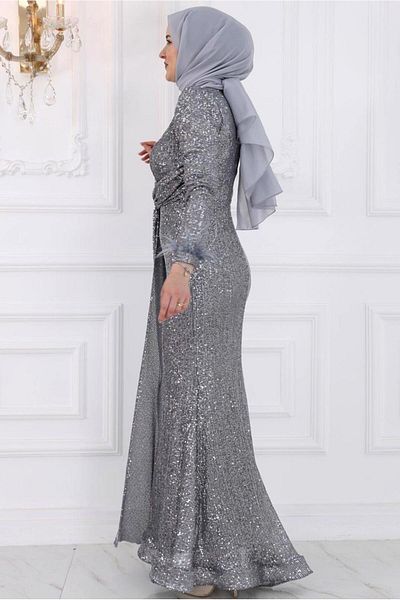 TRENDTESETTÜR Γκρι παγιέτες Hijab βραδινό φόρεμα - T 3953