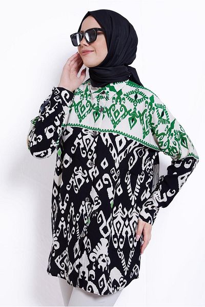 TRENDTESETTÜR Green Black Cotton Patterned Women's Tunic - T 3599
