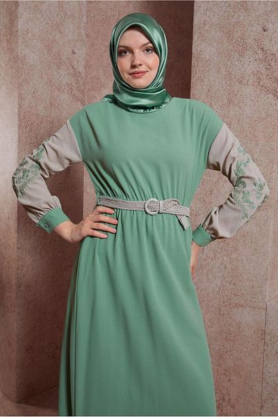TRENDTESETTÜR Green Embroidered Women's Dress - Çağla T 42623