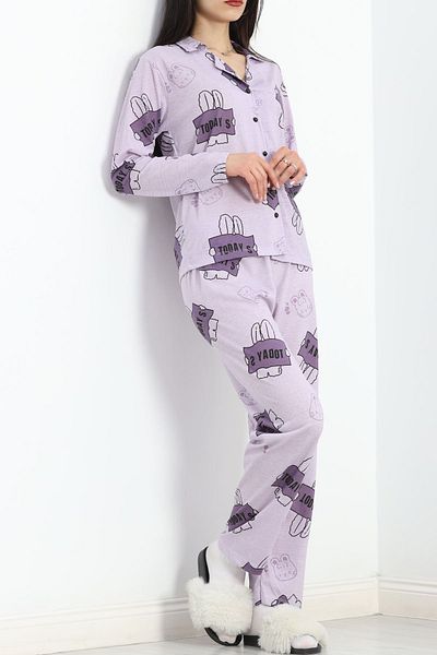 Afrodit Lilac Pajama Set with Button on the Front
