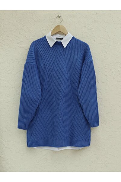 Modamorfo Running Knitted Diamond Patterned Knitwear Tunic - Dark Blue