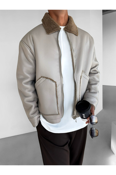 ablukaonline Men's Comfortable Fit Leather Plush Jacket Stone Color