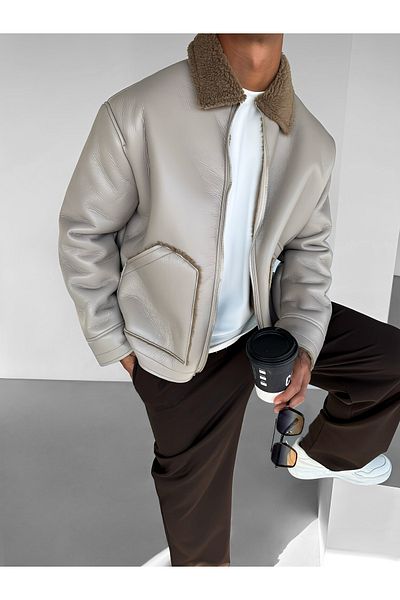 ablukaonline Ανδρικό δερμάτινο βελούδινο μπουφάν Comfortable Fit Stone Χρώμα