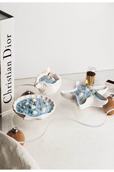 LALEZEN HOME Mavi İnci Tozu Mumlu Deniz Kabuk Modeli 3lü Set