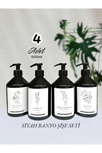 Dem Home 4 Lü Siyah Plastik Banyo Şişe Seti Şampuan-duş Jeli-saç Kremi-bebek Şampuanı 500 Ml Pompa Kapak