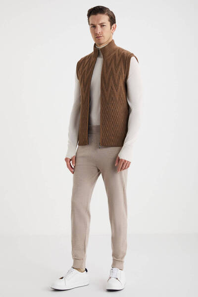 Hemington Çizgi Desenli Merino Yün Tütün Rengi Yelek