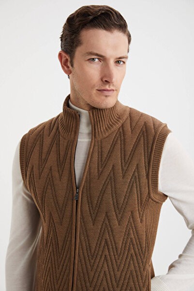 Hemington Çizgi Desenli Merino Yün Tütün Rengi Yelek