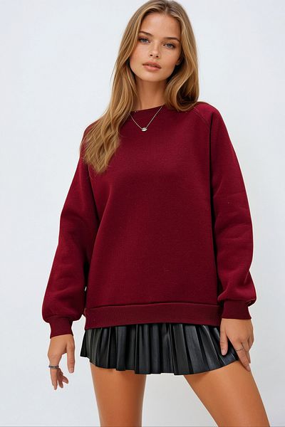 VAGGON Hanorac de bază pentru femei, burgundă, cu mâneci raglan, cu trei fire, Prm1288