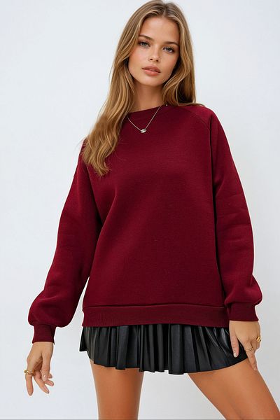 VAGGON Hanorac de bază pentru femei, burgundă, cu mâneci raglan, cu trei fire, Prm1288