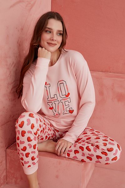 ELİTOL Salmon Love Patterned Luxury Thermal Women's Pajamas Set