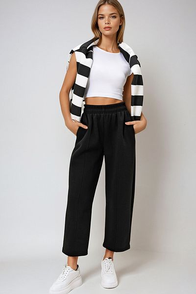 VAGGON Pantaloni negri pentru femei - Buzunare duble, talie elastică, cu dungi, 3 fire Raster Buggy Cut Prm1312