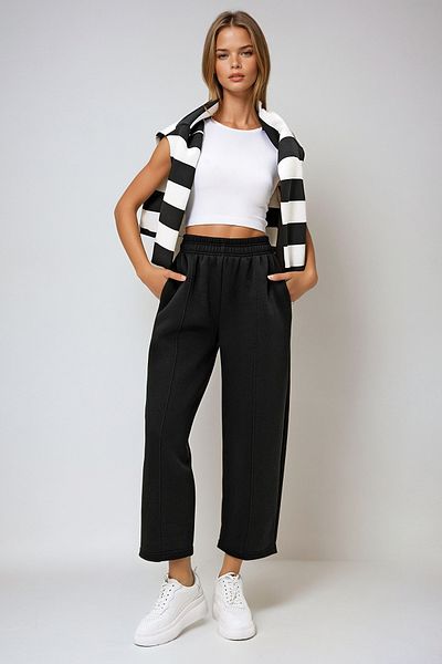 VAGGON Pantaloni negri pentru femei - Buzunare duble, talie elastică, cu dungi, 3 fire Raster Buggy Cut Prm1312