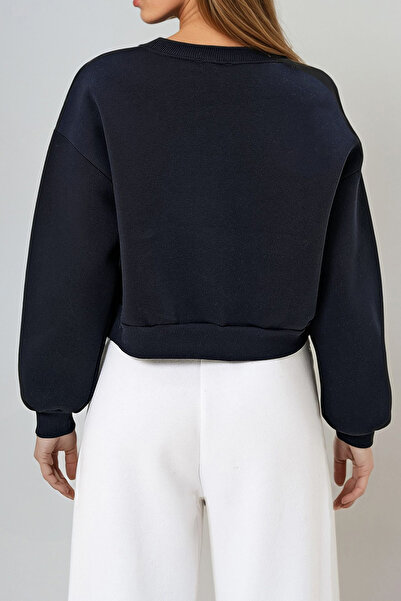 VAGGON Black Women's Sweatshirt - Crew Neck, Sleeve and Lapel Print Detail, Three Thread Raster Prm1287