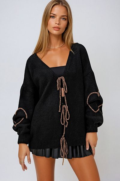 VAGGON Women's Black V-Neck Front Tie Sleeve Cord Embroidered Knitwear Prm1317