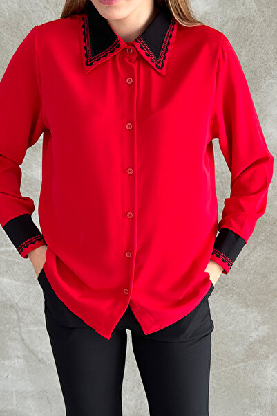 TRND Modern Zig Zag Print Embroidered Collar Shirt