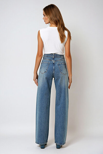 VAGGON Kadın Mavi Yüksek Bel Palazzo Kesim Jean Pantolon Prm1320