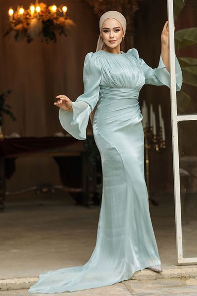 Neva Style Drape Detailed Mint Hijab Evening Dress 48531Mint