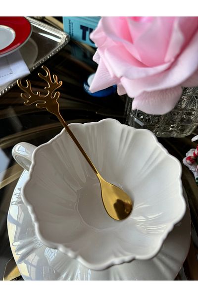 Hatice sakallı design 1 Piece Gold New Year - New Year's Deer Figured Sweet Spice Coffee Nescafe Spoon 14 cm
