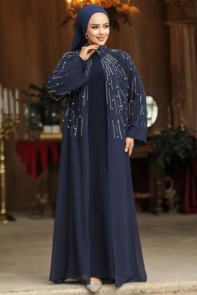 Neva Style Costum Abaya Hijab Albastru Marin Brodat cu margele 46151L