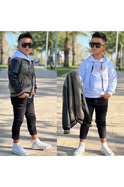 Uğurböceği çocuk Kolları Deri Detay Kolej Ceket Sweat 3'lü Erkek Çocuk Takım