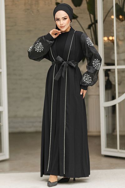 Neva Style Rochie de seară hijab neagră cu mânecă balon 42751s
