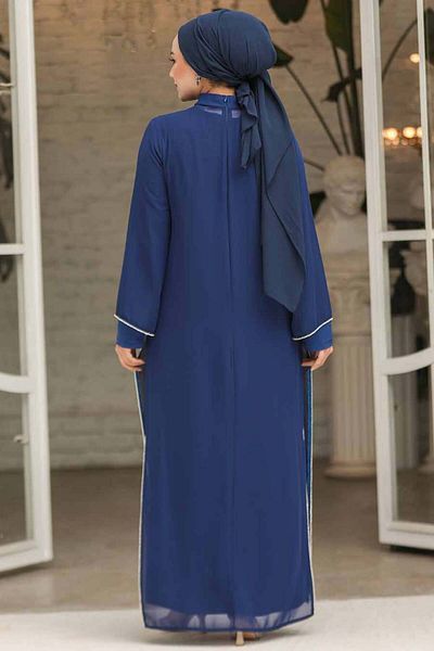 Neva Style Beaded Dark Indigo Blue Hijab Evening Dress 4737Kım