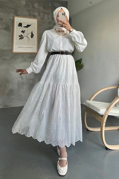 Neva Style تنورة حجاب بيضاء من الدانتيل 13951B