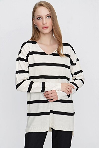 TENA Women's Ecru-Black V-Neck Striped Knit Sweater