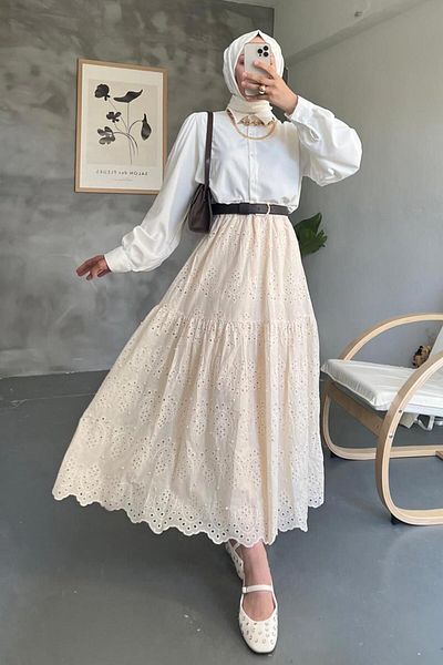 Neva Style Fusta Hijab cu dantelă bej - 13951BEIG