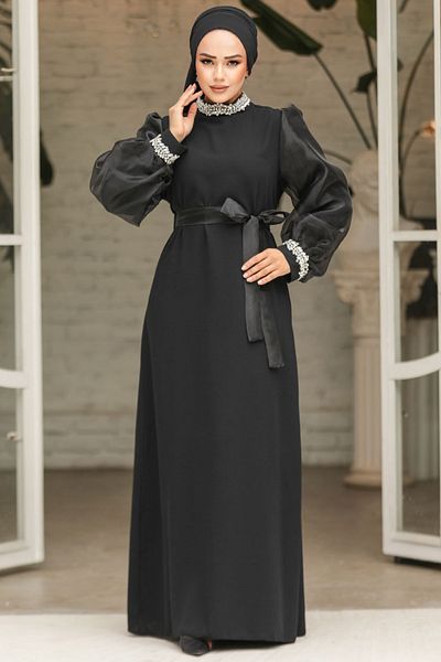 Neva Style Rochie de seară hijab neagră cu detaliu de mărgele 4576s