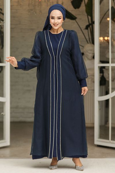Neva Style Σετ Χιτζάμπ Abaya με Κεντημένες Χάντρες Navy Blue 4626L