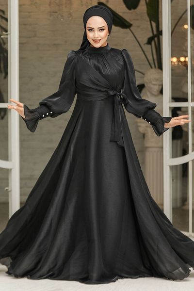 Neva Style Black Hijab Evening Dress with Tie Detail 48051S