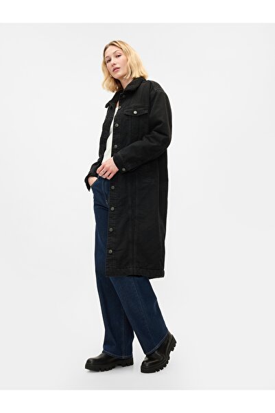 GAP Kadın Siyah Uzun kesim İkon Denim Ceket