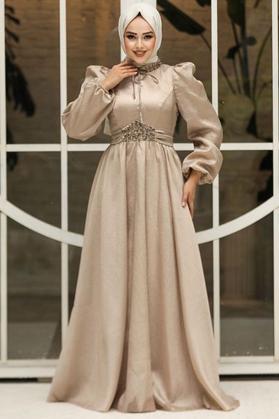 Neva Style Balloon Sleeve Mink Hijab Evening Dress 45581V