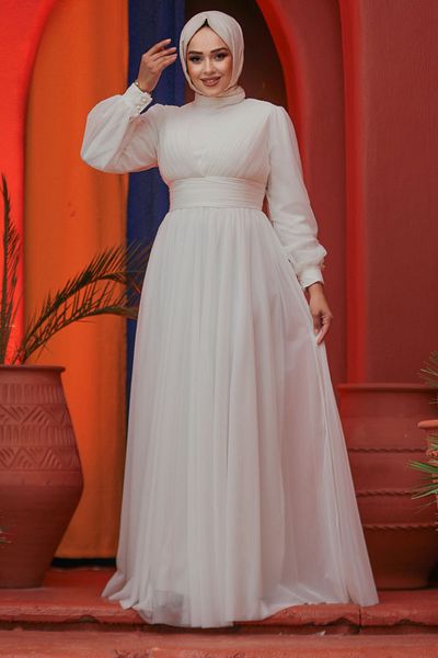 Neva Style - Rochie de seară hijab albă drapată 46321b