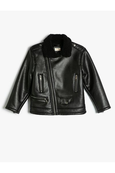 Koton Biker Jacket Leather Look Plush Collar Zippered