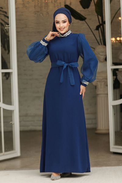 Neva Style Βραδινό φόρεμα Hijab με λεπτομέρεια με χάντρες Dark Indigo Blue 4576km