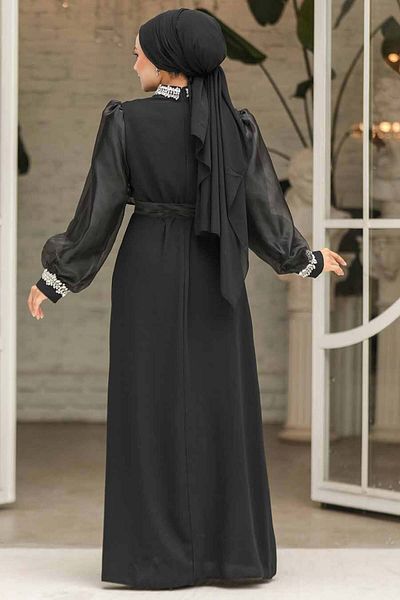 Neva Style Rochie de seară hijab neagră cu detaliu de mărgele 4576s
