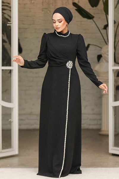 Neva Style Rochie de seară hijab neagră brodata cu margele 46021s