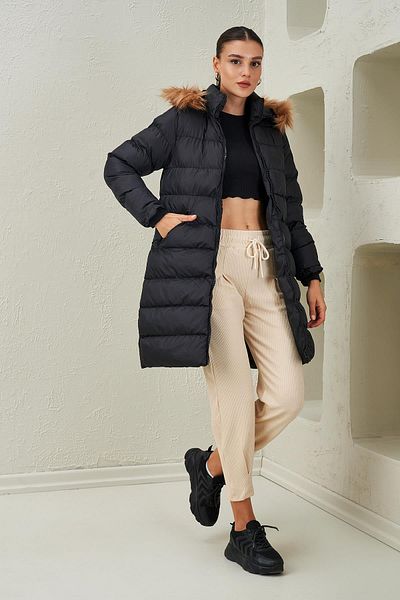 TENA Women's Black Fur Collar Hooded Long Puffer Jacket