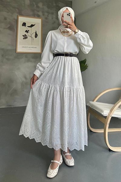 Neva Style تنورة حجاب بيضاء من الدانتيل 13951B