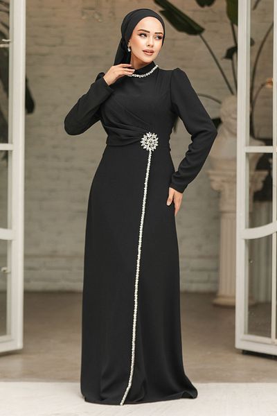 Neva Style Rochie de seară hijab neagră brodata cu margele 46021s