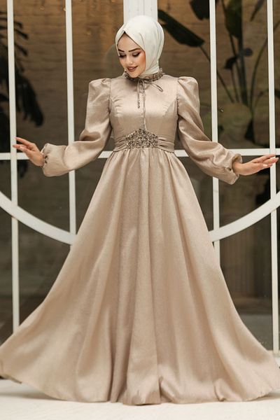 Neva Style Μπαλόνι μανίκι Mink Hijab Βραδινό Φόρεμα 45581v