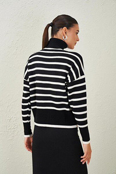 TENA Women's Black Turtleneck Striped Knitwear Sweater