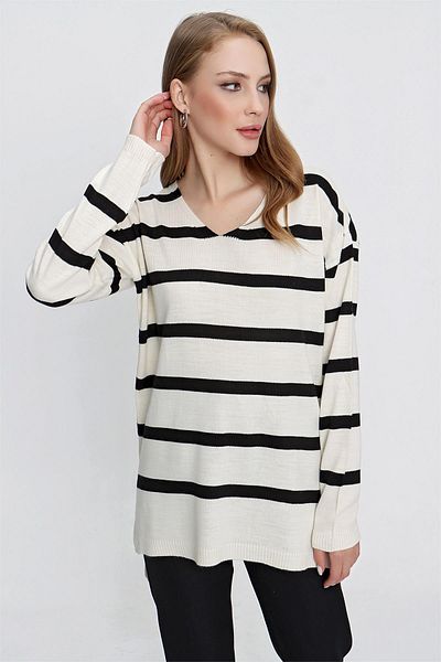 TENA Women's Ecru-black V-neck Striped Knitwear Sweater