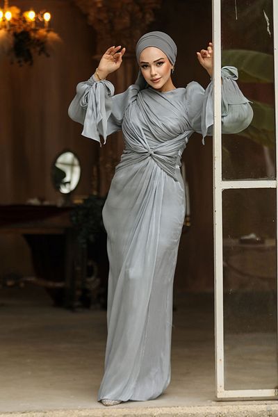 Neva Style Grey Hijab Evening Dress with Draped Detail 47261Gr